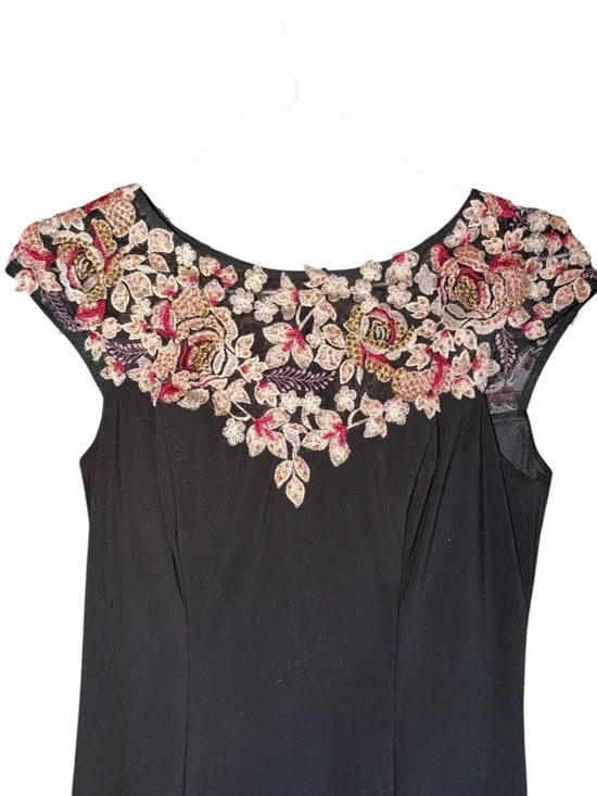 Xscape Black Evening Gown | Floral Sequin Embroidered Neckline | Size 8 - Picture 2 of 6